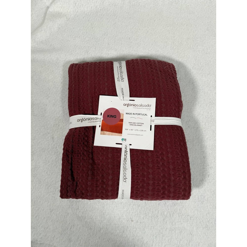 Antonio Salgado King Blanket Burgundy 100% BCI Cotton Waffle Weave Portugal NEW